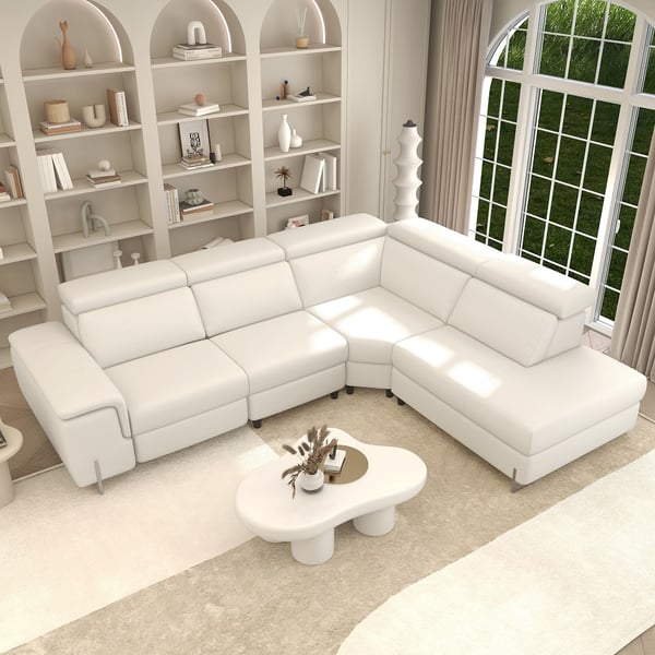 122.4" White Faux Leather Power Reclining Sectional Sofa Adjustable