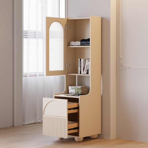 Mesita de noche alta blanca moderna con puerta de vidrio y estantes, mesita de noche con 2 cajones