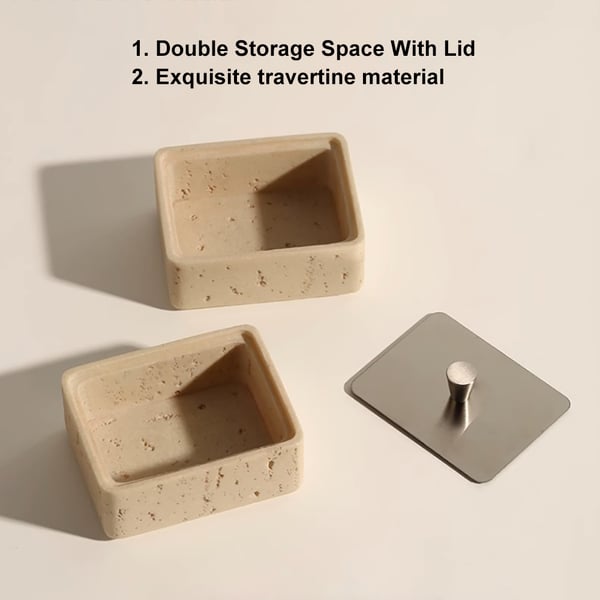 Square Travertine Cotton Swab Holder Duallayer Storage With Stainless