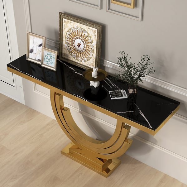 47.2" Gold & Black Marble Console Table Narrow Rectangle Entryway Table