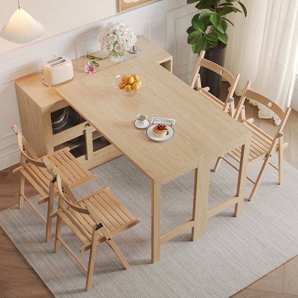 47" Natural Storage Sideboard Extendable Wood Buffet Foldable Dining Table Homary