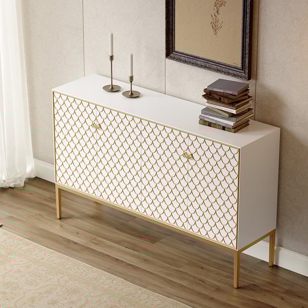 Modern White Scale Patterned Sideboard Buffet with Doors & Shelves in Large Homary