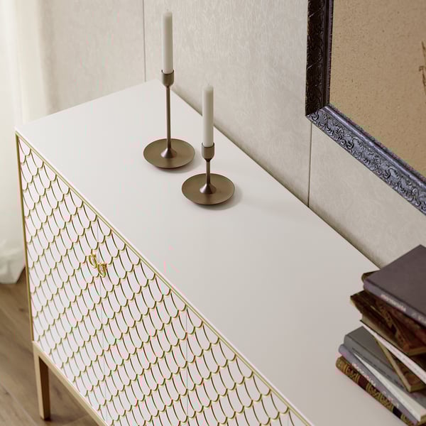 Modern White Scale Patterned Sideboard Buffet with Doors & Shelves in Large Homary