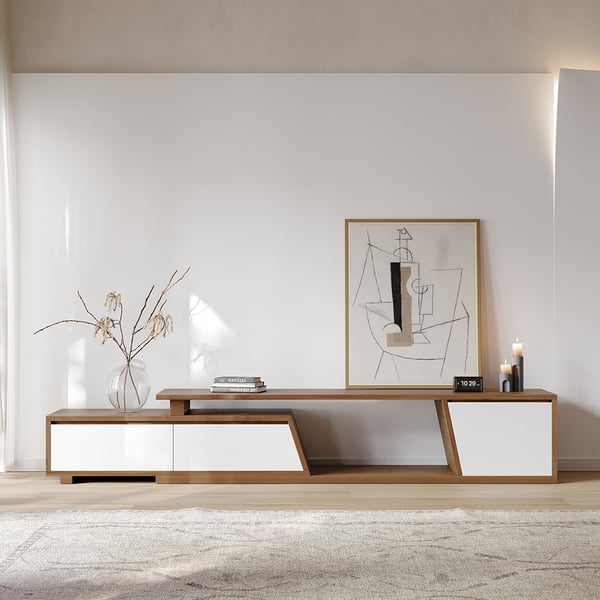 Meuble TV Blanc Extensible 160-240 Cm - Design Moderne Avec Base Dorée Et Rangements Spacieux