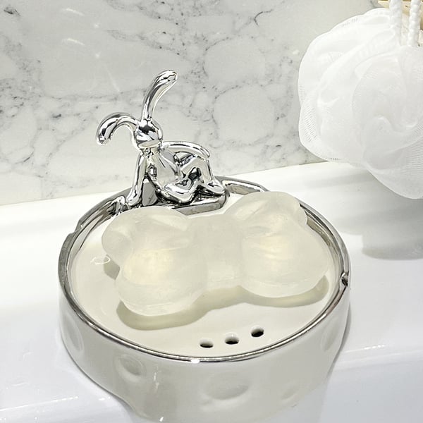 Ceramic Bathtub Soap Dish with Drainage Holes Bathroom Accessories in White & Silver Homary
