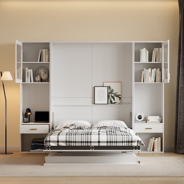 Modern Queen Murphy Bed with Storage Desk & Bookshelf & Display in White Homary