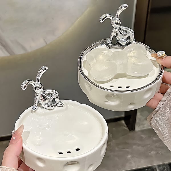 Ceramic Bathtub Soap Dish with Drainage Holes Bathroom Accessories in White & Silver Homary