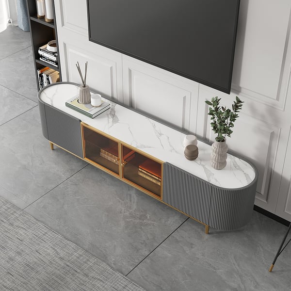 Palley Modern Oval Grey TV Stand Console with Storage and glass Doors
