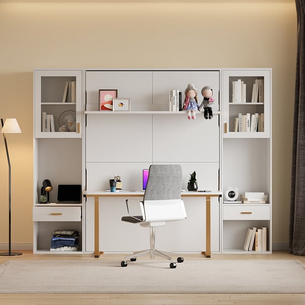 Modern Queen Murphy Bed with Storage Desk & Bookshelf & Display in White Homary