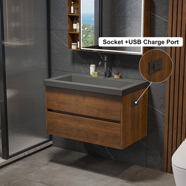 31" Wall Mounted Bathroom Vanity Concrete Single Sink with Charging