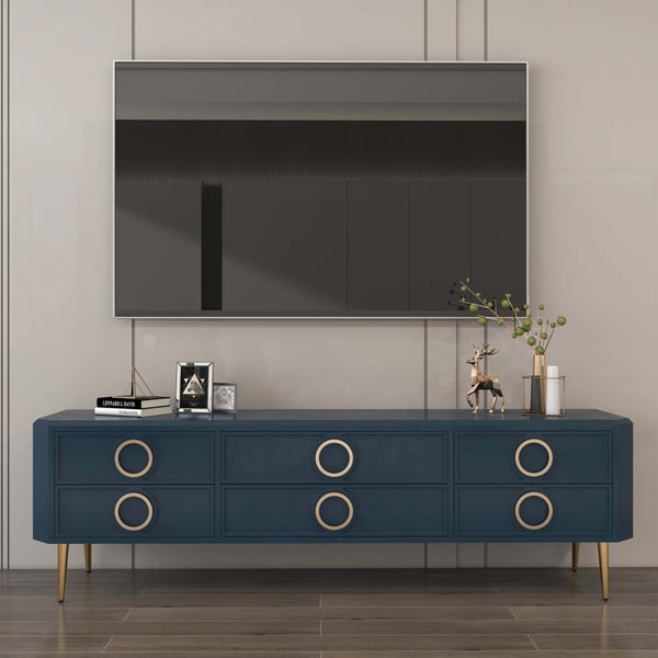 Rindix Navy Blue TV Stand with Storage Drawers for Gold Accents Mid