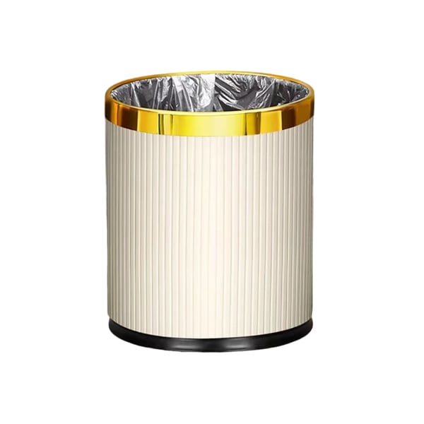 Gold & White Round Trash Can Open Top PU Leather & Metal Garbage Can