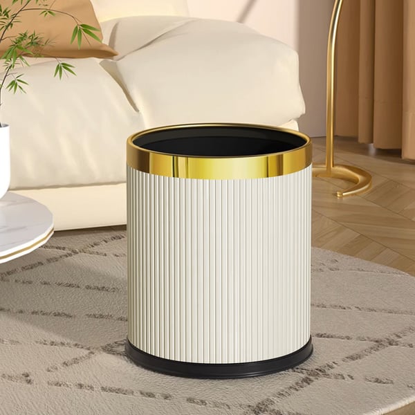 Gold & White Round Trash Can Open Top PU Leather & Metal Garbage Can