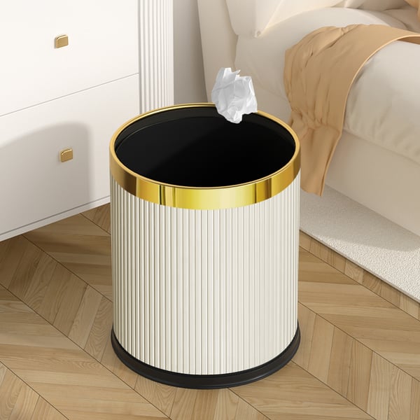 Gold & White Round Trash Can Open Top PU Leather & Metal Garbage Can