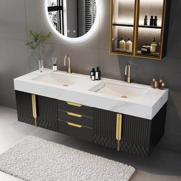 Aro 59" Black Double Sink Wall Mounted Bathroom Vanity with Drawers