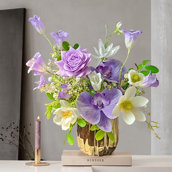 Purple Artificial Flower Arrangement in Gold Vase Fake Flower Dining