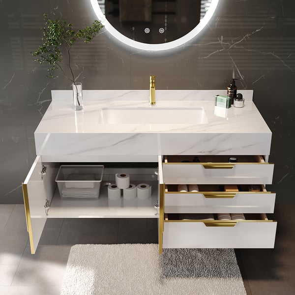 Aro 900mm White Wall Mounted Bathroom Vanity Drawers Faux Marble Top ...