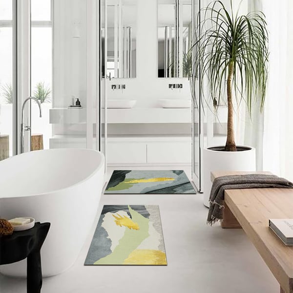 2 Pieces Gray&Gold Abstract Bath Mat Set Marble Texture Nonslip