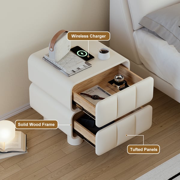 Modern White Smart Nightstand Leather Bedside Table with Wireless