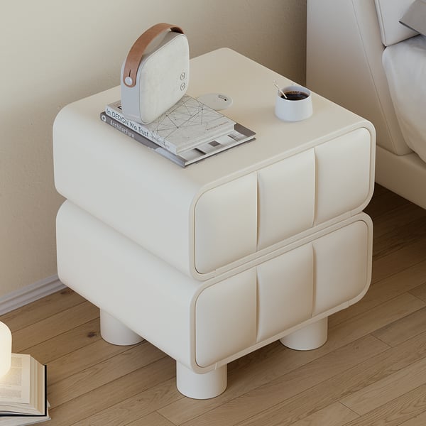 Modern White Smart Nightstand Leather Bedside Table with Wireless
