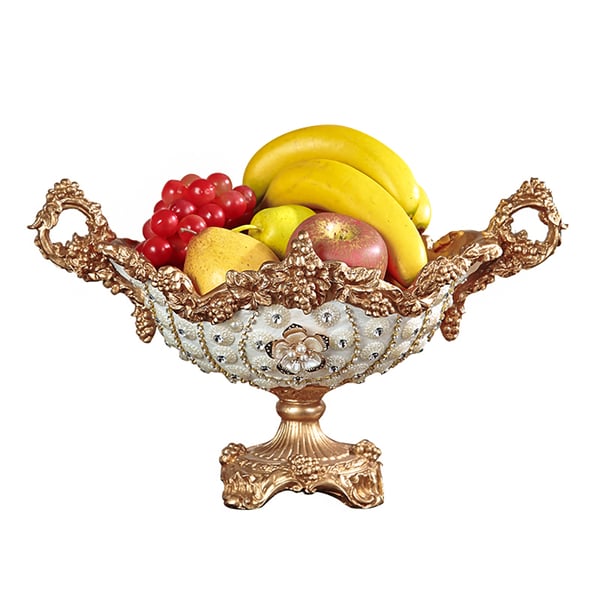 Gold & White Fruit Basket Plate with Handles Resin Glam Decor Bowl