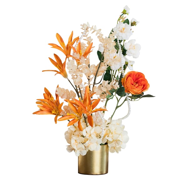 Orange Artificial Flowers in Vase Set Realistic Hydrangea Gold Ceramic