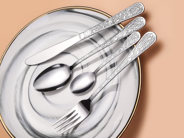 Ensemble de couverts de cuisine vintage de 48 pièces gravés en acier inoxydable argenté pour 12
