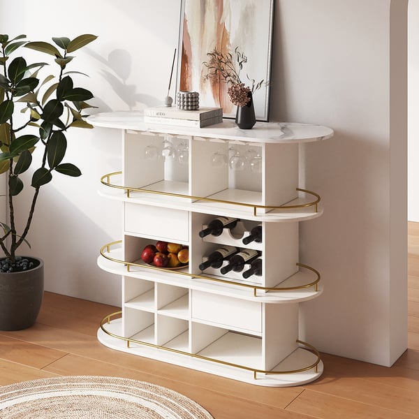 47" White Oval Bar Table with Wine Rack Glass Holder Liquor Tier