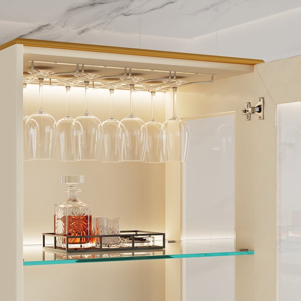 Modern OffWhite Faux Leather Bar with Light Storage Glass Door