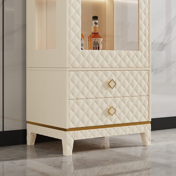 Modern OffWhite Faux Leather Bar with Light Storage Glass Door