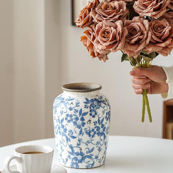 Vintage Pink Rose Artificial Flowers in Vase Set Blue and White