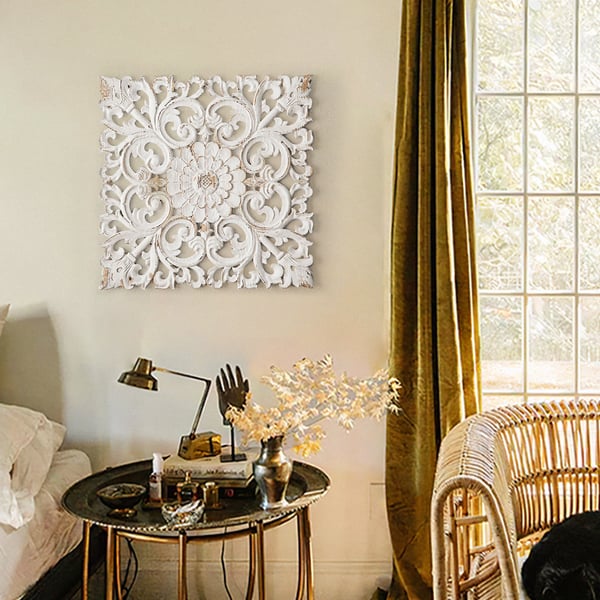 22" French Country Square Wood Wall Decor Distressed White Carved