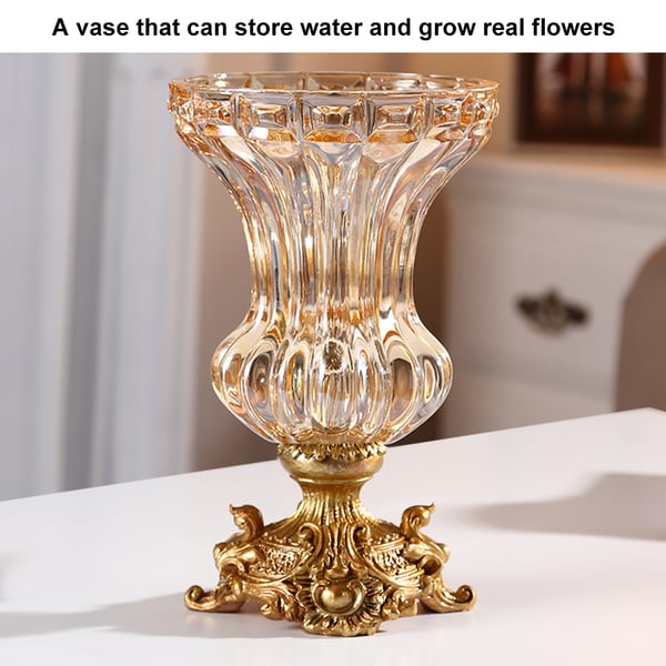 Retro European Style Golden Crystal Glass Carved Vase Artificial Flowers in Vase Set Homary