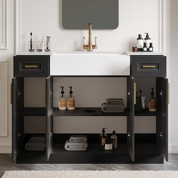 48" Black Freestanding Single Farmhouse Sink Bathroom Vanity with Ceramic Top | Homary