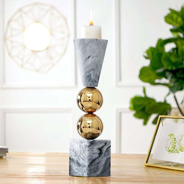Gray Marble Candle Holder Gold Ball Pillar Candlestick Decor Homary