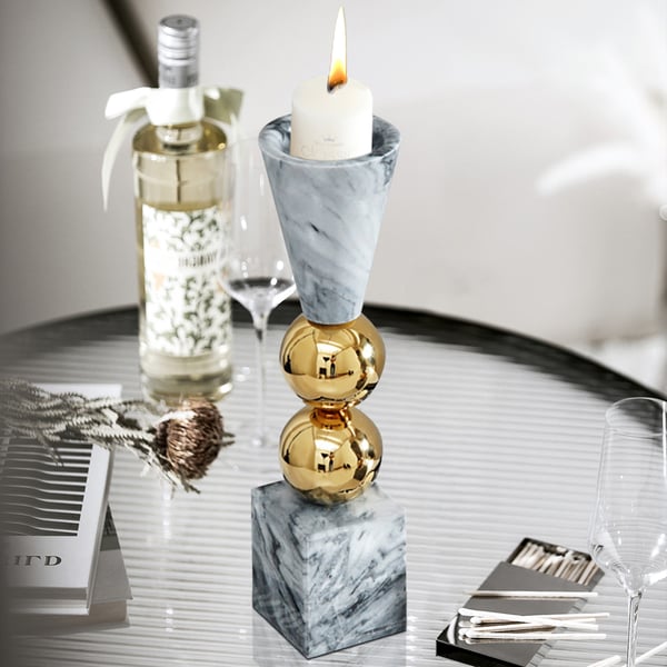 Gray Marble Candle Holder Gold Ball Pillar Candlestick Decor Homary