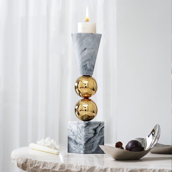 Gray Marble Candle Holder Gold Ball Pillar Candlestick Decor Homary