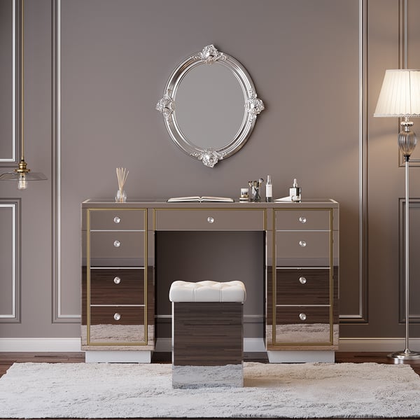 Glam Mirrored Makeup Vanity Set 9Drawer Dressing Table with Glass Top