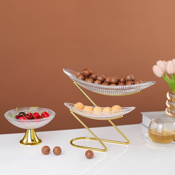 2 Tier Gold Glass Fruit Bowl Snack Plate Tray Dessert Stand Decor