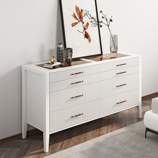 Modern Fluted White Dresser & Chest with Tempered Glass Top & Jewelry