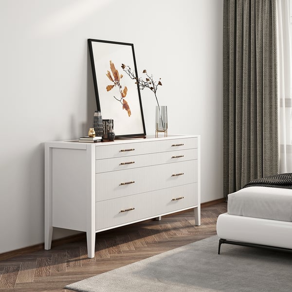 Modern Fluted White Dresser & Chest with Tempered Glass Top & Jewelry