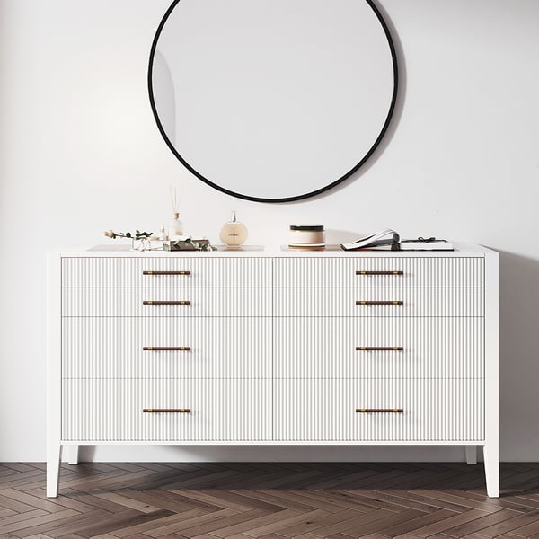 Modern Fluted White Dresser & Chest with Tempered Glass Top & Jewelry