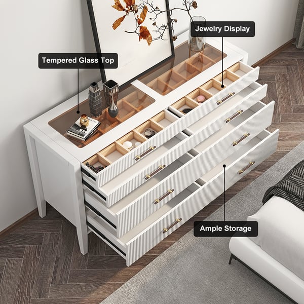 Modern Fluted White Dresser & Chest with Tempered Glass Top & Jewelry
