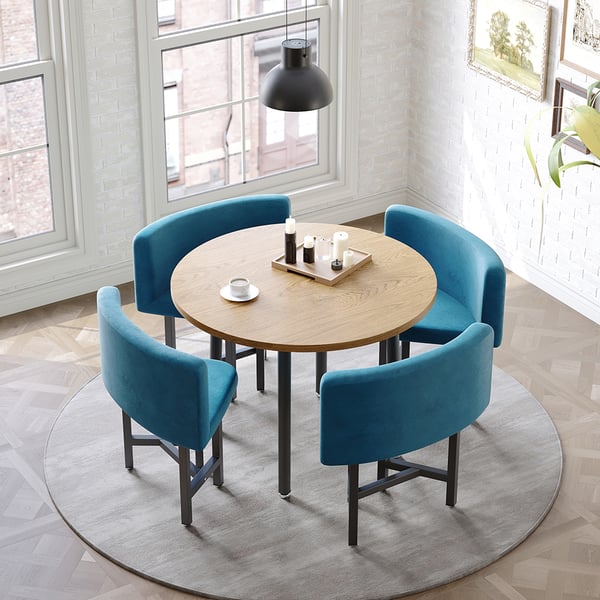 40" Round Wooden 4 Person Dining Table with Blue Upholstered Chairs Set ...