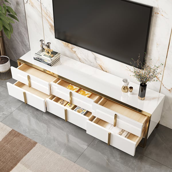 Rimh Zack White 2000mm TV Stand Modern Gold Media Console with 6Drawer