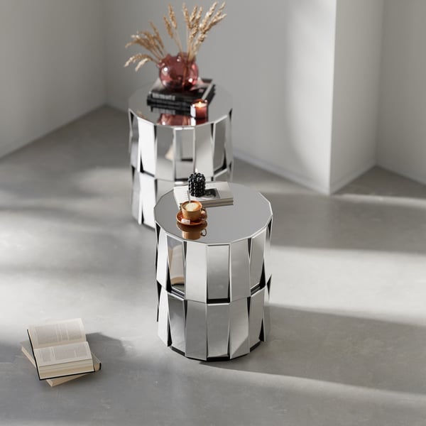 Glam Mirrored Drum Side Table Round End Table in Silver Homary