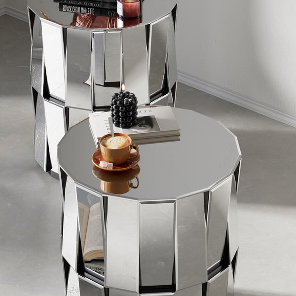Glam Mirrored Drum Side Table Round End Table in Silver Homary