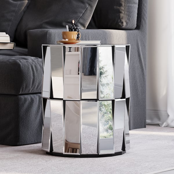 Glam Mirrored Drum Side Table Round End Table in Silver Homary