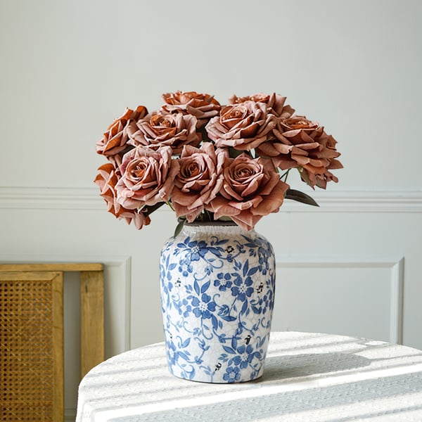 Vintage Pink Rose Artificial Flowers in Vase Set Blue and White