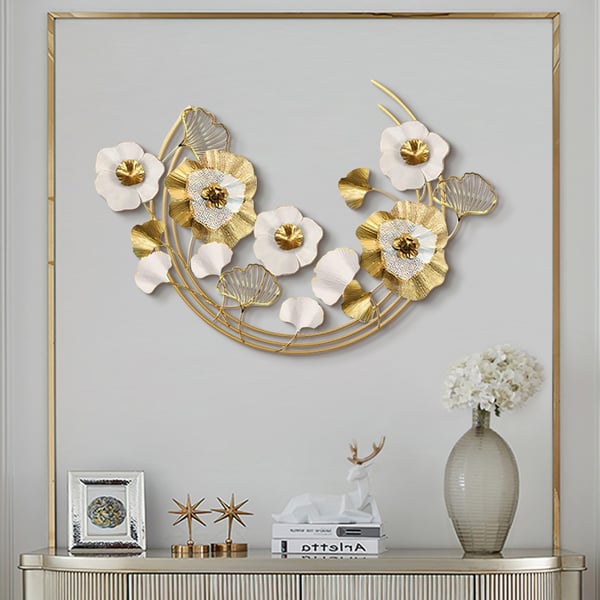 47.2" Modern Metal Wall Decor Art with Gold & White Leaves & Flowers